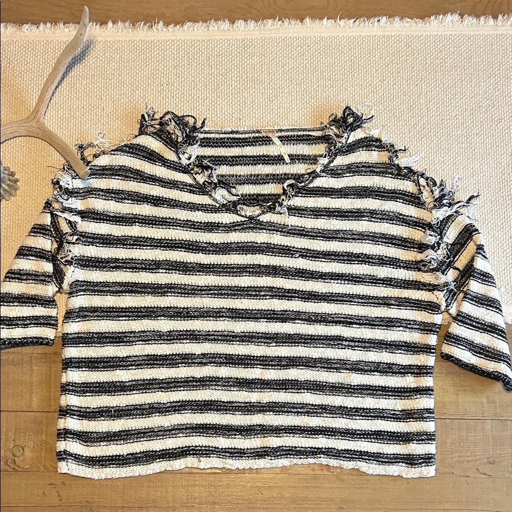 Free People Black and White Striped Frayed Sweatshirt